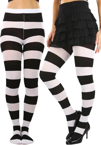 Vista 8 de ToBeInStyle Medias de contraste de rayas horizontales anchas para mujer, medias opacas Negro y rosa muñeca