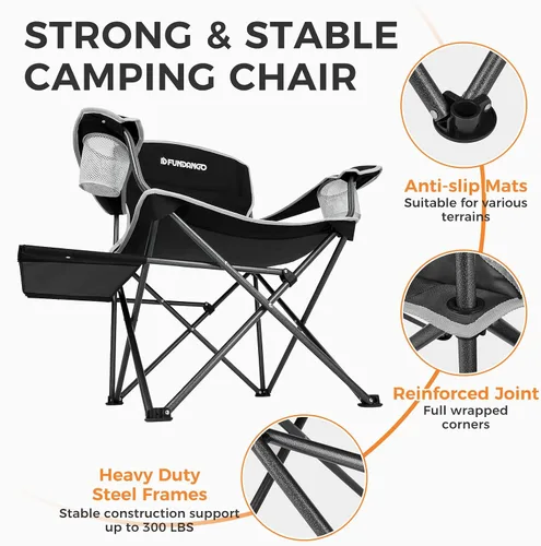 Vista 6 de FUNDANGO Silla de camping acolchada plegable, portátil con respaldo completo para exteriores, con soporte para tazas y mesa auxiliar, bolsillo Negro