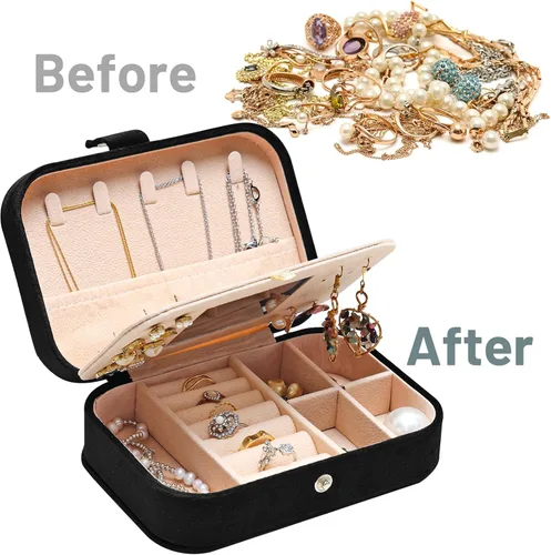 Vista 5 de Fixwal Joyero pequeño de viaje, joyero de viaje, organizador de joyas de terciopelo de felpa para mujeres y niñas, joyero portátil con espejo