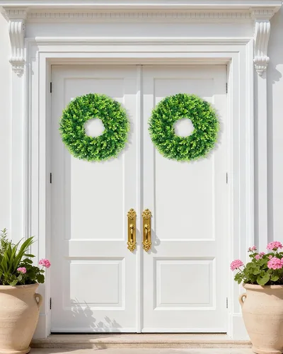 Vista 9 de DDHS Corona de boj de 18 pulgadas para puerta principal – Corona artificial verde de casa de campo, decoración DIY para primavera, verano, otoño e