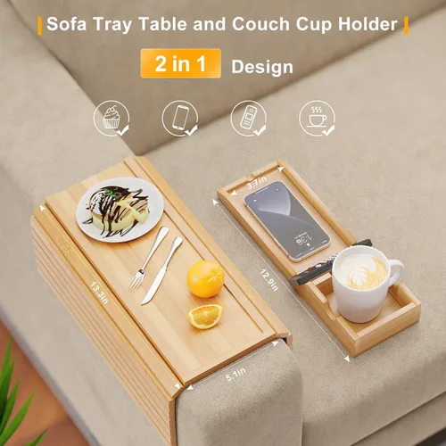 Vista 3 de Bestjing Bandeja para Brazo de Sofá de Bambú - Bandeja para Brazo de Sofá con Soporte para Tazas Desmontable - Caddy de Brazo de Sillón Plegable