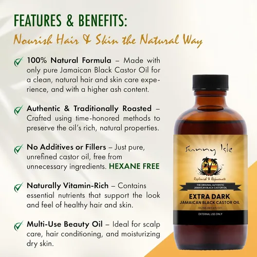 Vista 4 de Aceite de ricino jamaicano Sunny Isle para piel y cuerpo, extra oscuro, bote de 4 onzas Moisturizing, Strengthens, Hair Growth Dry Scalp