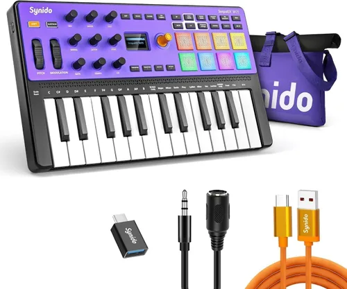 Vista 12 de Synido 25 Key USB MIDI Keyboard Controller with 8 Drum Pads, Professional Mini Midi Keyboard with OLED Screen, Beat Maker Machine for Music Negro