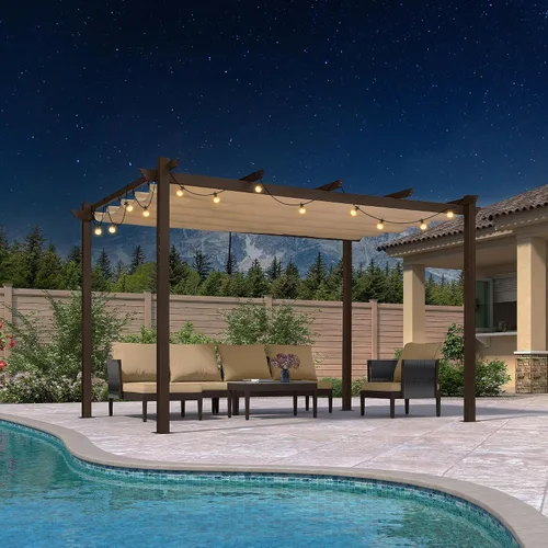 Vista 39 de PURPLE LEAF Pérgola de 10 x 12 pies con toldo retráctil, pérgola cuadrada de bronce de aluminio para patio al aire libre, junto a la piscina, beige