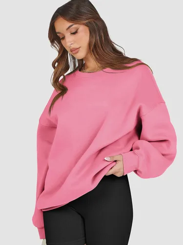 Vista 3 de ATHMILE Sudadera de gran tamaño para mujer, cuello redondo, forro polar, manga larga, sudaderas con capucha, tops de otoño, ropa de moda 2024