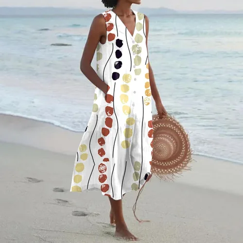 Vista 2 de Vestido largo de verano para mujer, sin mangas, cuello en V, botones y bolsillos, con vuelo, estampado casual