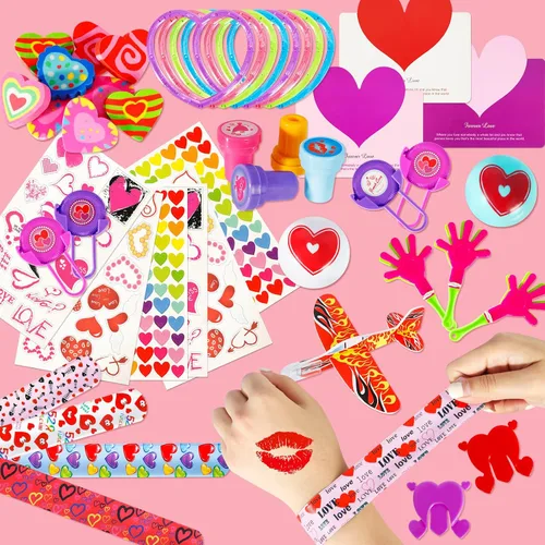 Vista 4 de Thuodo 156 piezas de juguetes surtidos para el día de San Valentín, regalos de intercambio de aula, mini calcomanías, sellos, premios de fiesta