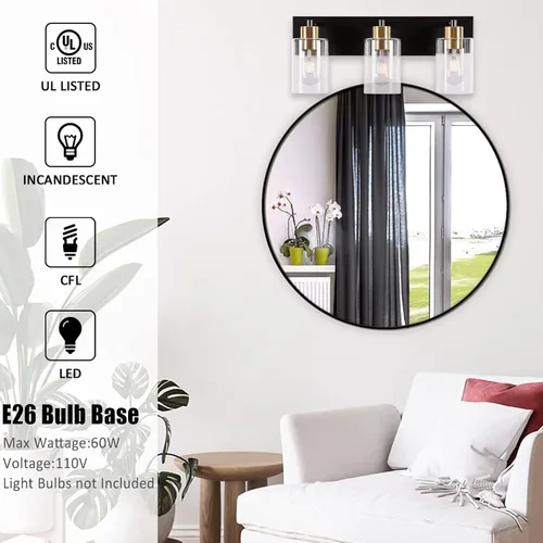 Vista 7 de Luz de tocador negra y dorada de 3 luces para baño y cocina, 22 Negro y Dorado