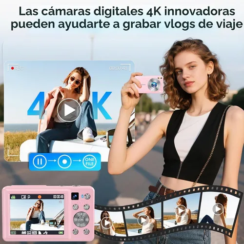 Vista 2 de 4K Digital Camera, 64MP Autofocus Vlogging Camera with Dual Lens, Pink Rosa