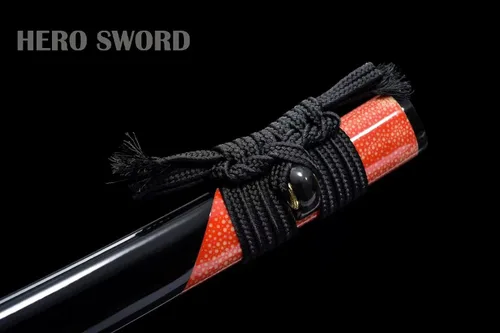 Vista 8 de Wakizashi - Espada samurái de acero templado plegado, auténtica, japonesa pura, manual, avanzada, piel de rayos, color rojo y negro, 31 pulgadas