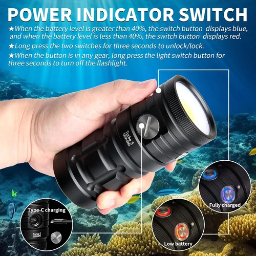Vista 3 de Luz de buceo, LetonPower TS S 10000Lumens 3,280.8 ft luz de video subacuática, linterna de buceo, linterna impermeable con carga tipo C para Turbo S