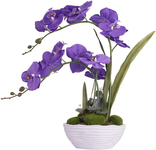 Vista 11 de Planta de orquídea artificial grande en maceta, arreglo floral de seda con jarrón de cerámica, morado oscuro