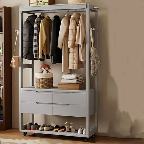Vista 10 de Perchero de madera maciza, perchero móvil de 360°, perchero de gran capacidad con 4 cajones y un zapatero, perchero para entrada, dormitorio