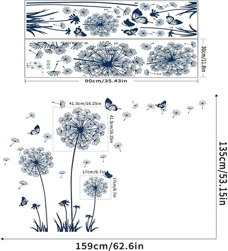 Vista 4 de Arawat 2 Juego de Calcomanías de Diente de León para Pared Pelar y Pegar Calcomanías de Pared de Diente de León Azul Adhesivos de Pared Florales