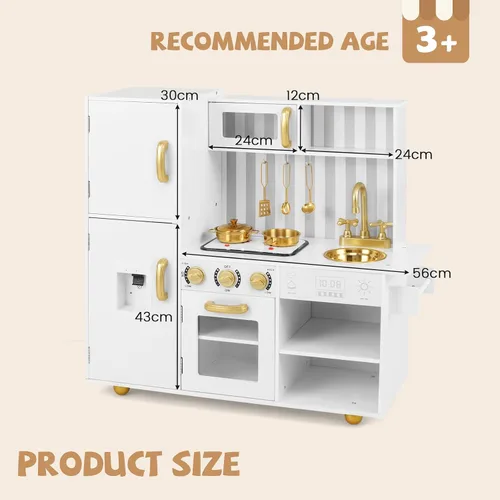 Vista 9 de INFANS Juego de cocina para niños, juego de cocina de madera con luz y sonido realistas, estufa, fregadero, microondas, armario de almacenamiento