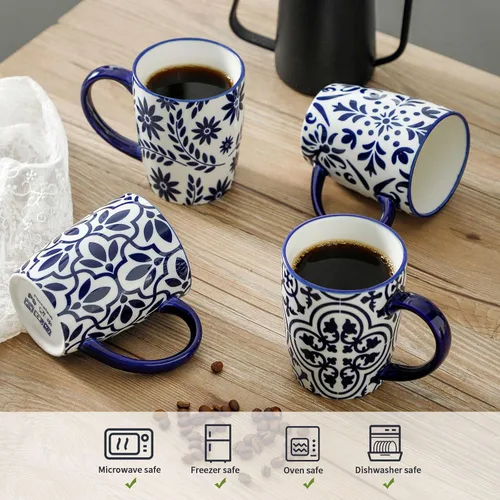 Vista 4 de HASENSE Tazas de café de 15 onzas, juego de 4 tazas de café de cerámica con patrones florales azules y blancos, juego de tazas de porcelana