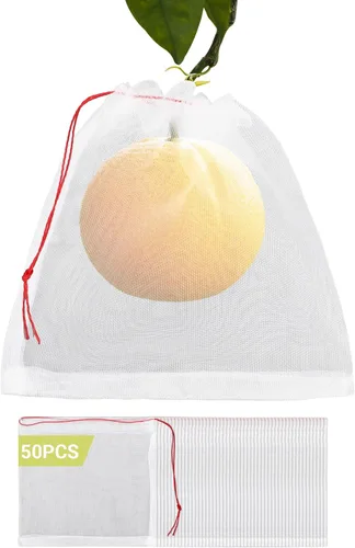 Vista 8 de Bolsas de cobertura de frutas contra pájaros, 25 bolsas de malla de protección de frutas de 4 x 6 pulgadas con cuerda, red para árboles frutales