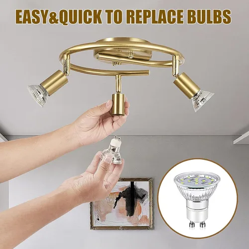 Vista 5 de Accesorios de iluminación LED para riel, kit de 3 luces redondas de techo, cabezales de luz giratorios flexibles, foco de 3 vías con acabado dorado