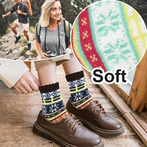 Vista 7 de kissleaf Calcetines de lana para mujer, 5 pares de calcetines de punto grueso para invierno, vintage, acogedores, suaves, lindos, nórdicos, regalos