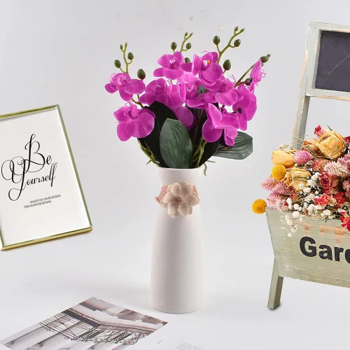 Vista 5 de 4 piezas de flores artificiales de seda Phalaenopsis, 20 cabezas de orquídea mariposa falsas moradas para boda, ramo floral, decoración de centros