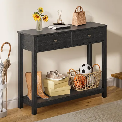 Vista 8 de Gizoon Mesa consola con 2 cajones, mesa de entrada de madera de 2 niveles con estantes de almacenamiento, mesa de sofá de madera de 39 pulgadas
