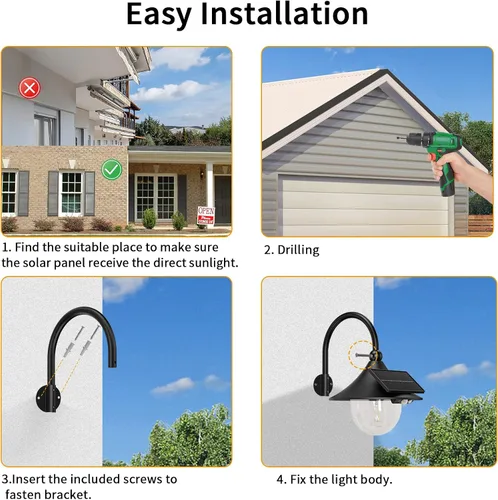 Vista 6 de Auzev Farolas Solares para Exteriores Luz Solar Retro de Granja con 3 Modos de Iluminación y Sensor de Movimiento, Montaje en Pared Impermeable