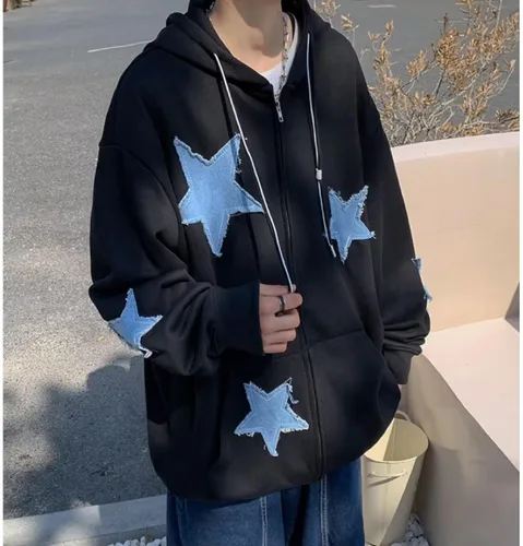 Vista 2 de Y2K Sudaderas con capucha gótica con estrellas y hadas, estilo grunge, sudadera Harajuku Streetwear Acubi Emo de gran tamaño con capucha