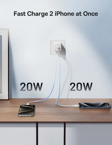 Vista 3 de Baseus Cargador USB C de 40 W, cargador de pared dual USB C, bloque de cargador rápido de 2 puertos compacto para MacBook Pro/iPhone 14/13/12/11 Pro