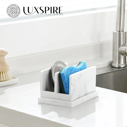 Vista 7 de Luxspire Soporte para esponja de cocina, soporte para esponja de platos con bandeja de drenaje, soporte de esponja de mármol para fregadero