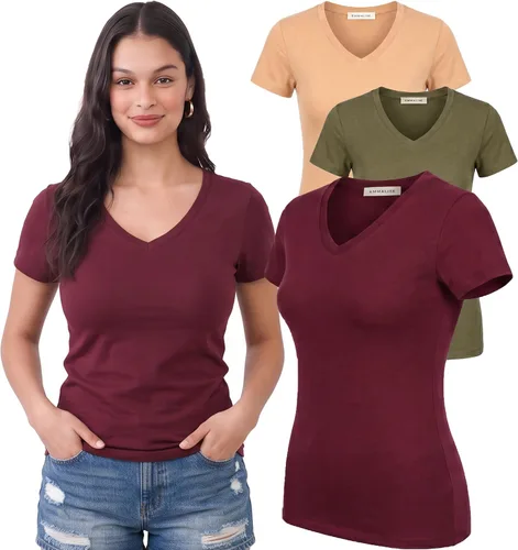 Vista 69 de Emmalise Camiseta de manga corta para mujer, cuello en V, tallas junior y plus