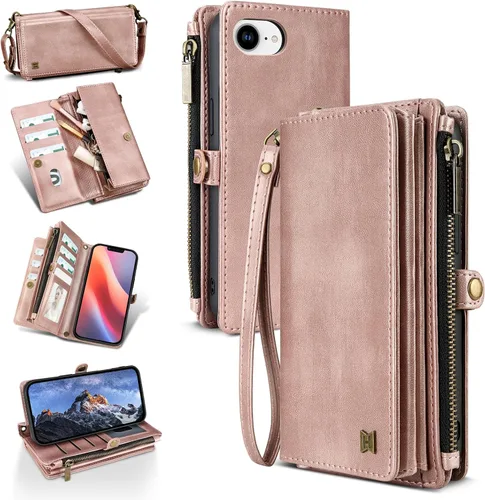 Vista 14 de Funda tipo cartera para iPhone 16 Pro Max con 8 tarjeteros, bloqueo RFID, piel sintética, función atril, abatible, correa de muñeca y correa