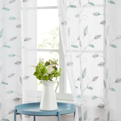 Vista 13 de Bujasso - Cortinas de hojas transparentes de 63 pulgadas, bordadas con flores, estilo granja, cortinas con filtro de luz para ventana, patrón Dorado