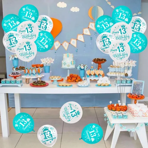Vista 2 de Globos de cumpleaños número 13, paquete de 45 decoraciones OMG azul turquesa para adolescentes – Juego de globos de látex turquesa de 13 años