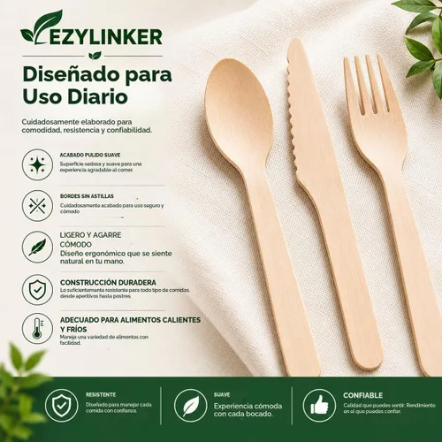 Vista 4 de Juego de cubiertos compostables de edición especial (150 piezas) – Juego de cubiertos de madera desechables – Alternativa al plástico, ecológico