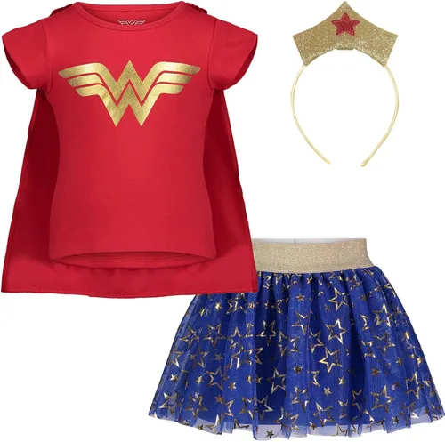 Vista 3 de DC Comics Disfraz de la Liga de la Justicia de Mujer Maravilla para niñas camiseta con falda de tul diadema y capa juego de 4 piezas para niños