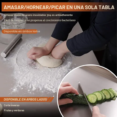 Vista 3 de Tablas de cortar de acero inoxidable para cocina, tablas de cortar de acero inoxidable 304 con borde y almohadilla antideslizante de silicona