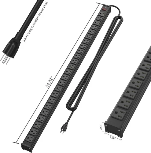 Vista 7 de QBA Regleta de alimentación de metal de 24 tomas, tira de alimentación extra larga y resistente con cable de extensión de 10 pies, montable