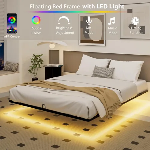 Vista 3 de Base de cama flotante tamaño individual, marco de cama individual con luces LED inteligentes, cama de plataforma de metal moderna y resistente