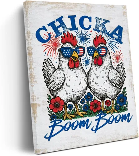 Vista 8 de Divertida decoración de pared en lienzo con diseño de pollo, diseño de pollo, bonito póster con marco de gallina floral campestre, pintura artística