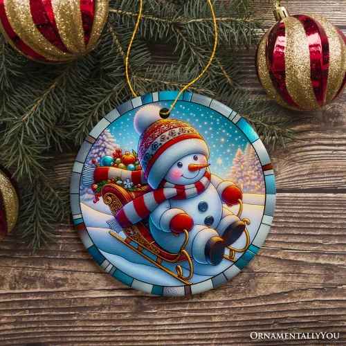 Vista 4 de Adorno de Navidad de trineo ártico, muñeco de nieve, hecho a mano, regalo de invierno helado