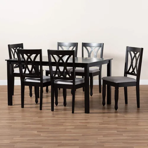 Vista 7 de Baxton Studio Petrina - Juego de comedor tapizado de tela gris, madera con acabado marrón expreso, 7 piezas