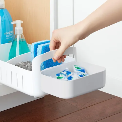 Vista 5 de YouCopia RollOut Caddy Contenedor de Almacenamiento Rodante con 2 Divisores Ajustables y Cesta Extraíble para Organización de Cocina y Baño Debajo