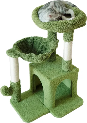 Vista 7 de Pesofer - Árbol para gatos, torre pequeña para gatos con poste de rascar de sisal y hamaca, gris claro