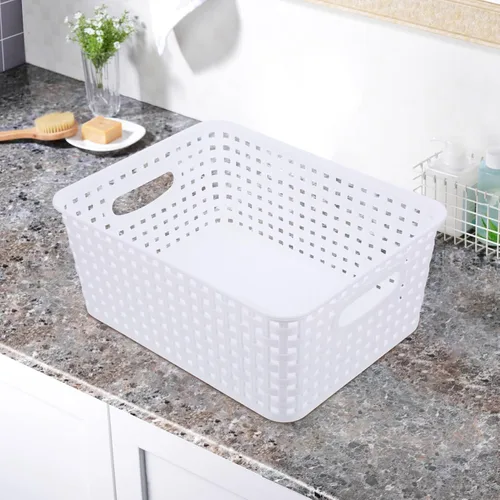 Vista 5 de Cabilock 2 cestas de almacenamiento multiusos para cocina, baño, armario, mango de diseño hueco, fácil de limpiar, ahorro de espacio