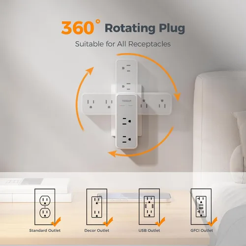 Vista 2 de Extensor de Enchufe de Toma Múltiple con Enchufe Giratorio de 360°, TESSAN Divisor de Toma de Pared de 1875W con 6 AC, Protector de Sobretensiones