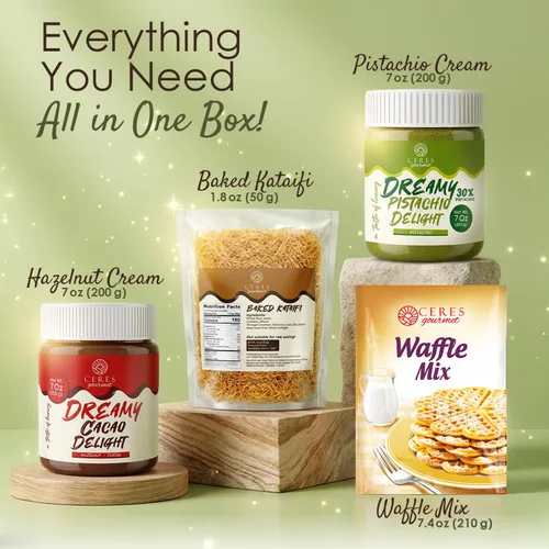 Vista 4 de Ceres Gourmet Kit de chocolate Dubai, Dubai Chocolate Waffle DIY Set que incluye 7 oz de crema de pistacho, 7 oz de avellana con cacao, 1.8 oz