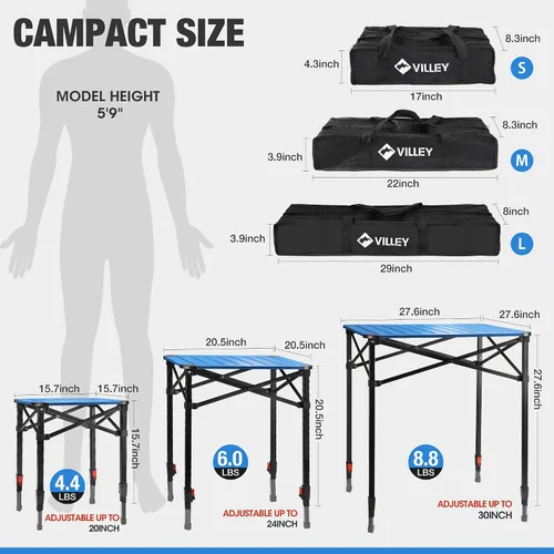 Vista 3 de VILLEY Mesa cuadrada plegable para acampar con bolsa de transporte, mesa cuadrada ajustable de aluminio ligero para exteriores, camping, picnic