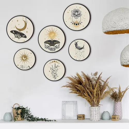 Vista 6 de Barydat 6 Piezas Arte de Pared Boho de Plantas de Madera Decoración de Pared Boho Granja Rústica Colgante de Pared Bohemia para Dormitorio Sala