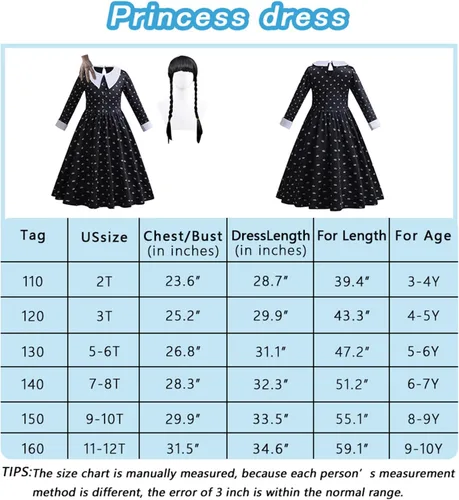 Vista 7 de MINACARE Wednesday Addams - Disfraz de Halloween para niñas, vestido de princesa negro para 2-10T
