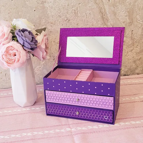 Vista 5 de Joyero morado con purpurina para niñas con espejo y compartimentos, 8.5 x 5 x 5 pulgadas